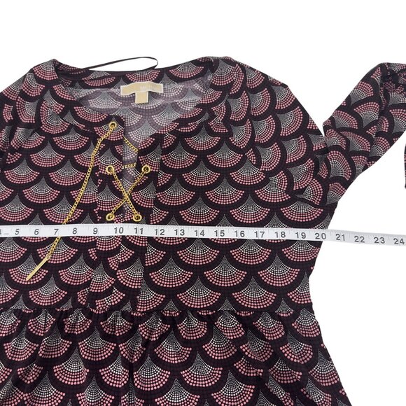 Michael Kors Womens Gold Chain Lace Up Collar Blouse SZ L Stretct Marron & Pink - Picture 6 of 11